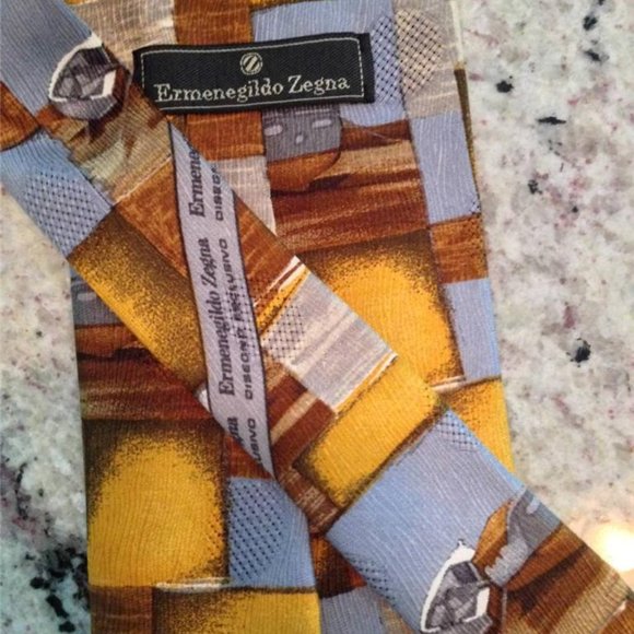 Ermenegildo Zegna:MENS LUXURY 100% Silk Neck Tie Brown & Gold Ship Theme Italy - Picture 6 of 6